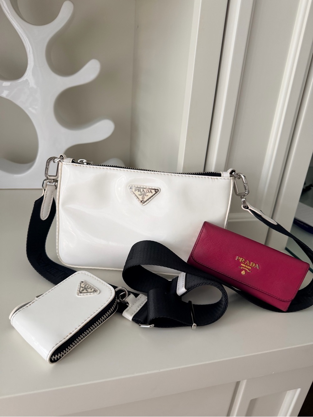 Prada Women’s White Crossbody Purse Bag & Key holder Pouch